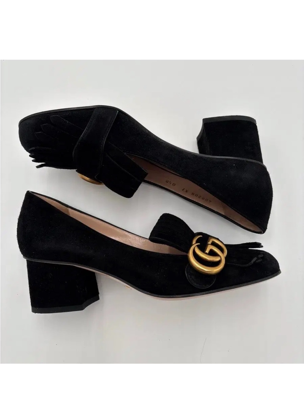 Gucci Black Suede Marmont Fringe Block Heel Loafers with Gold GG in Sz 38 1/2 - Picture 9 of 16